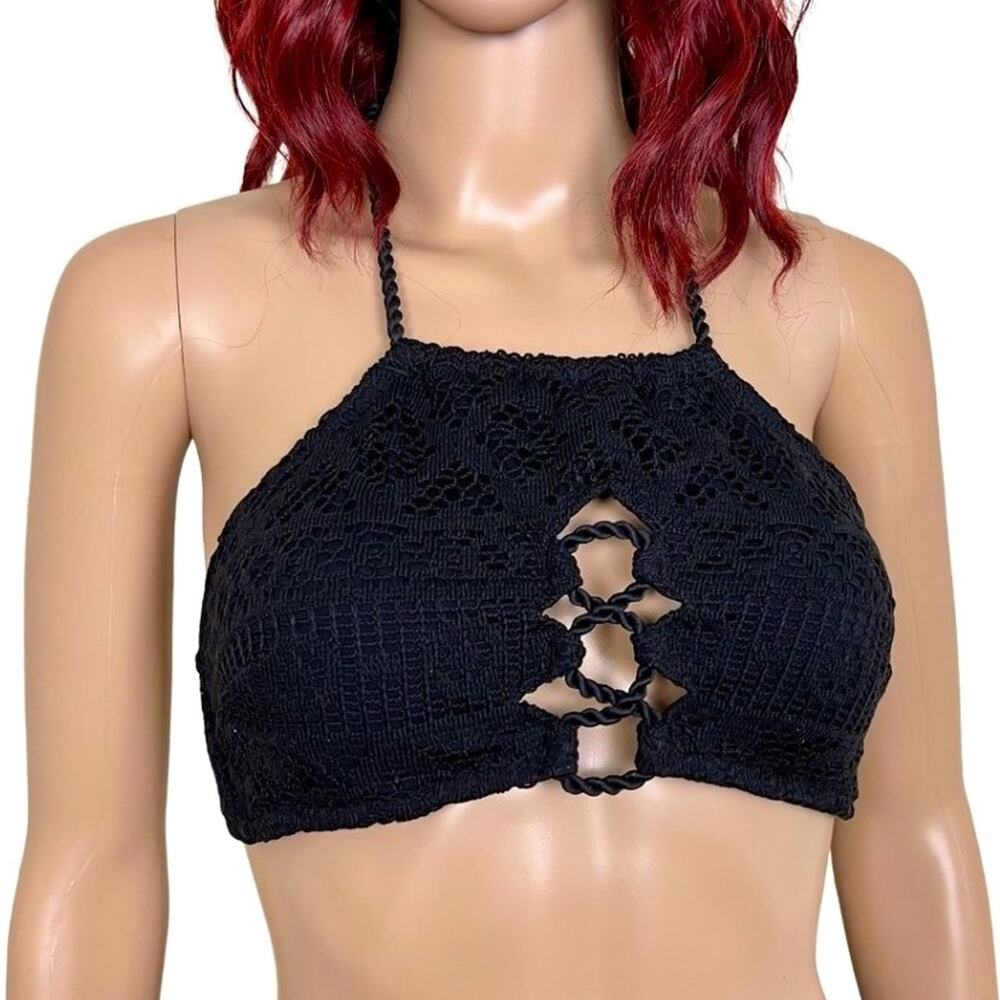 Victoria's Secret Crochet Halter Crop Top with Tassels Large Black Bikini